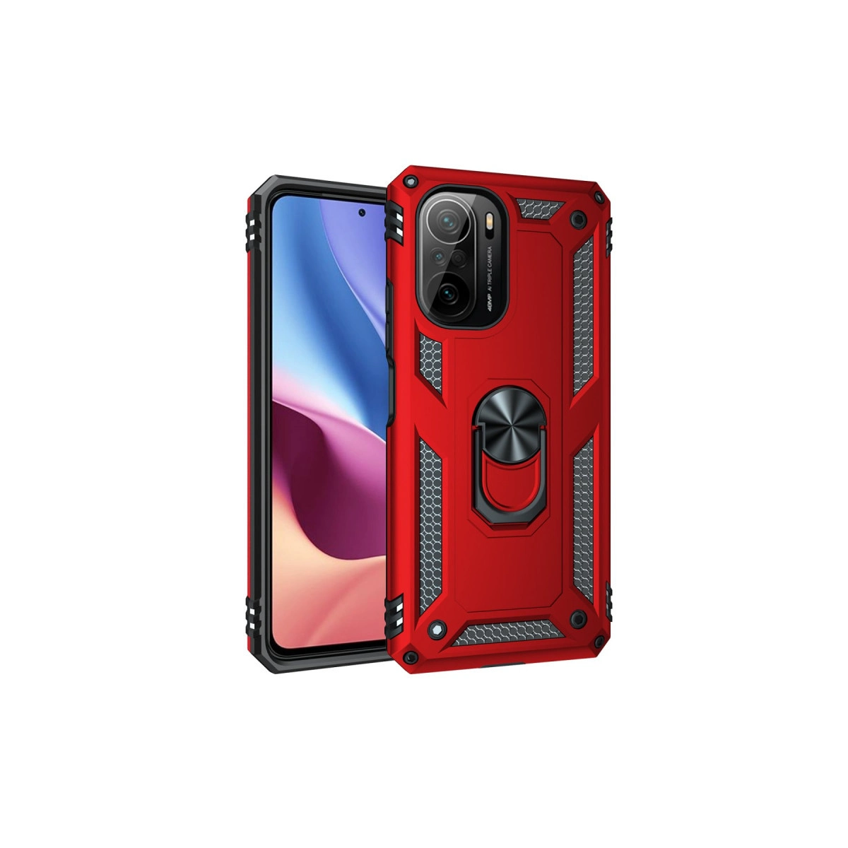 Standlı ve üçlü kamera sistemli kırmızı telefon kılıfı.