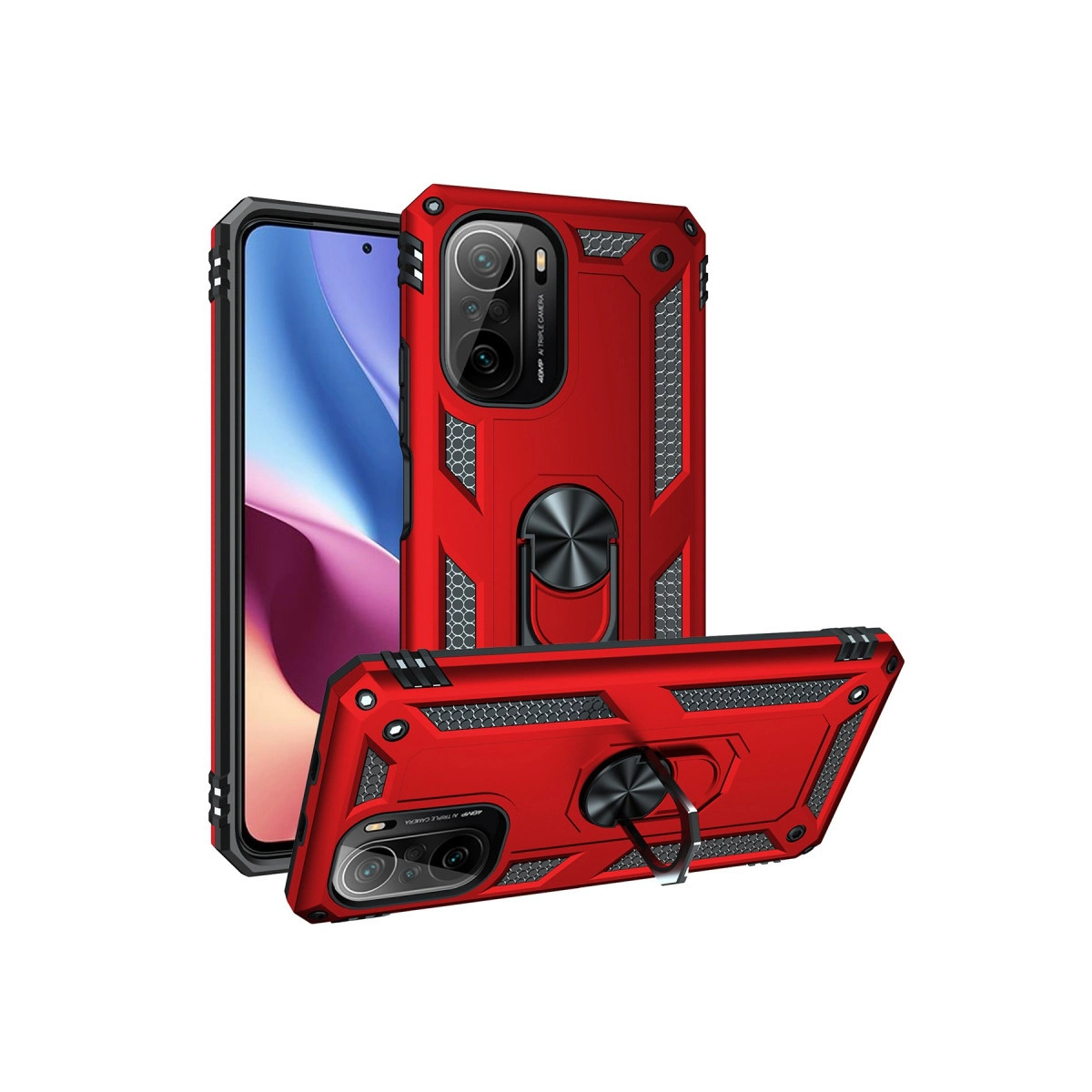 Kırmızı telefon kılıfı, halka tutucu ve üçlü kamera kesimi, beyaz arka plan.