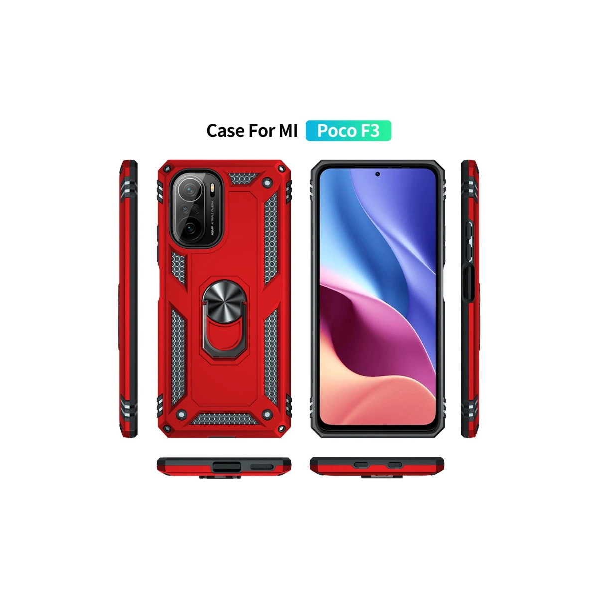 Halka tutuculu kırmızı Poco F3 telefon kılıfı, çeşitli açılardan gösterilmiştir.