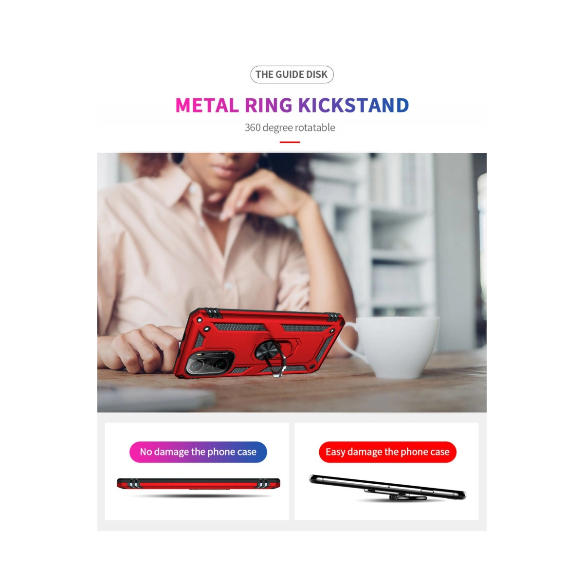 Metal halkalı kickstandlı kırmızı telefon kılıfı, masanın üzerinde.