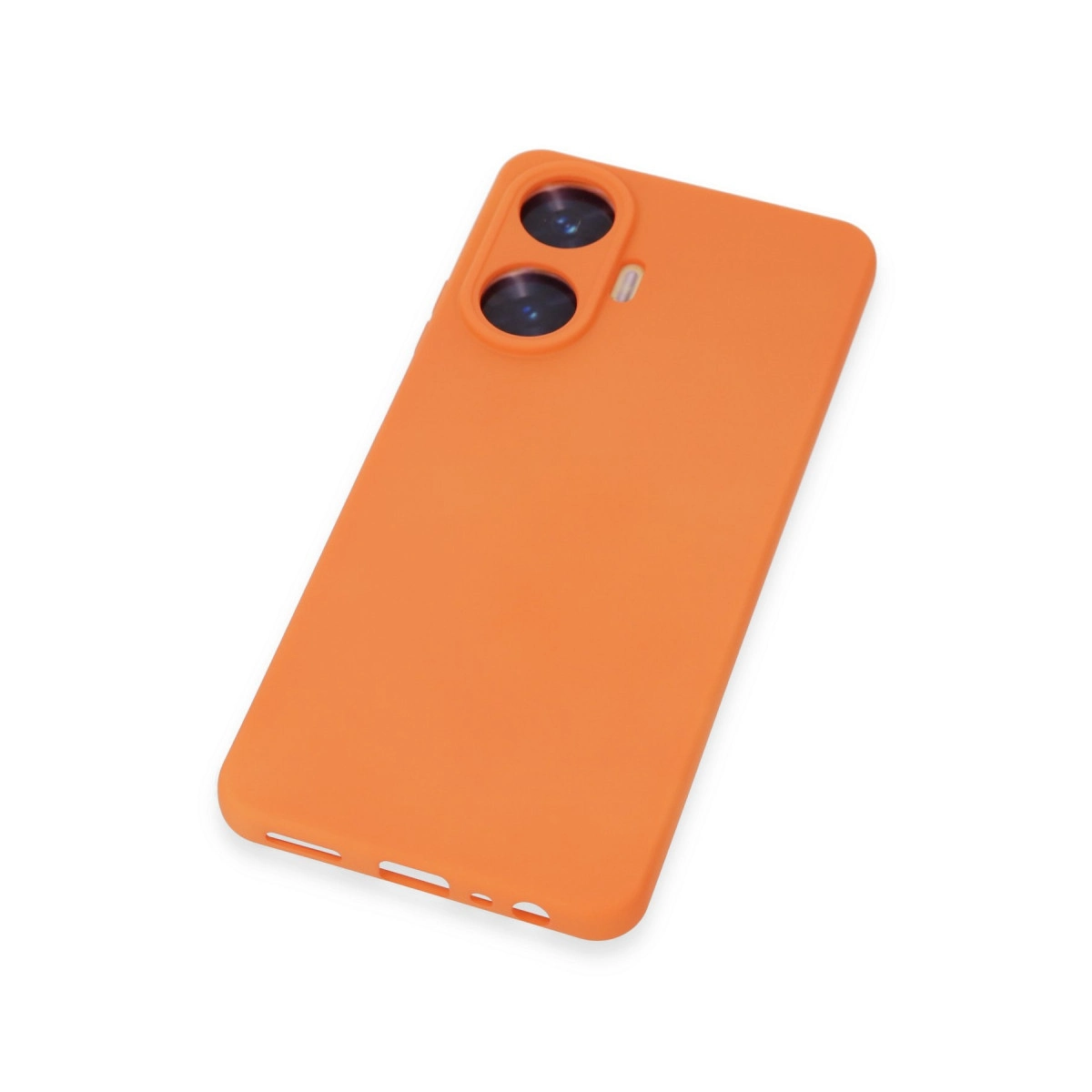 Turuncu telefon kılıfı, iki kamera lens açıklığı mevcut.