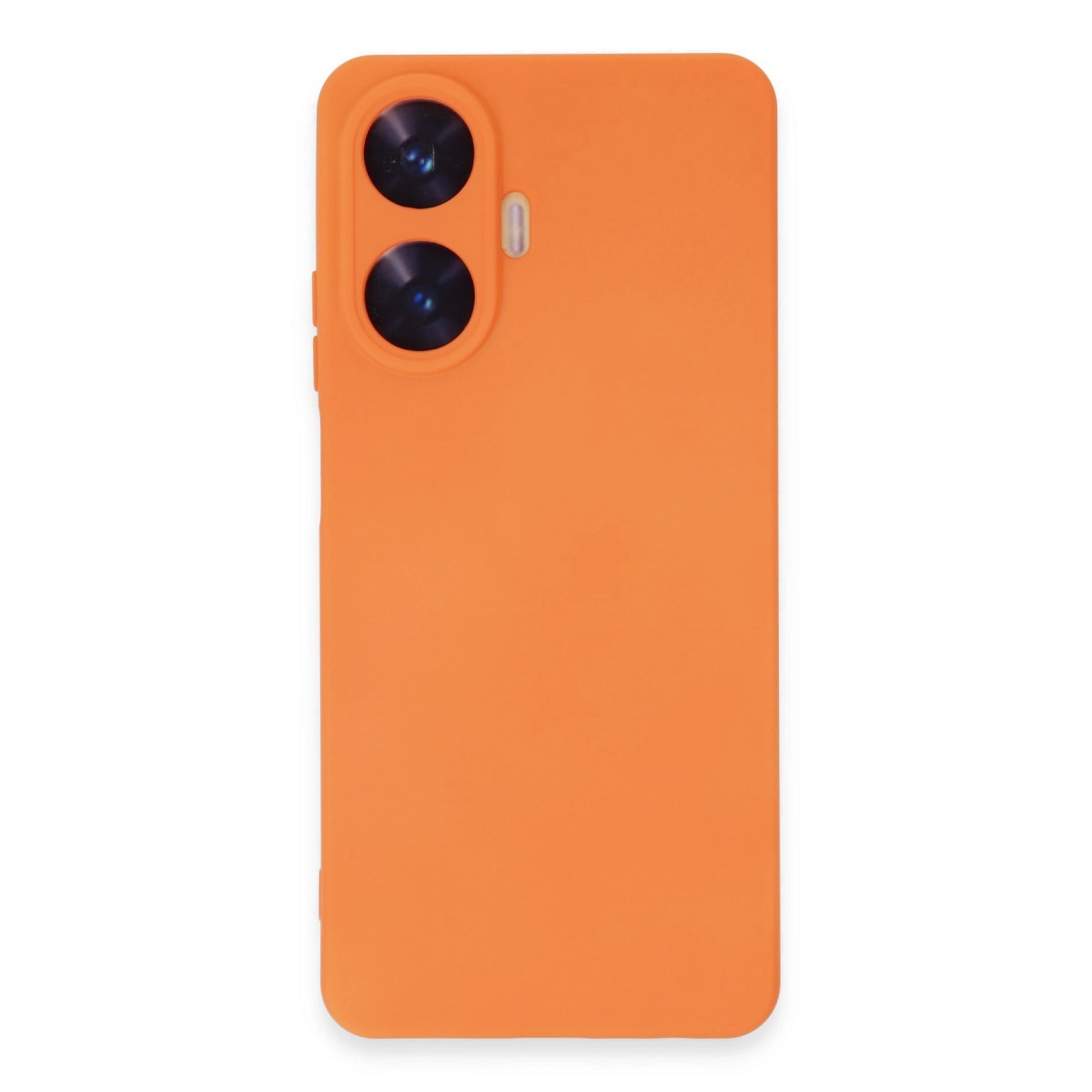 İki kamera lensli ve flaşlı turuncu telefon kılıfı.
