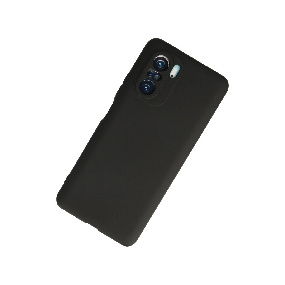 Kamera modüllü siyah telefon kılıfı, beyaz zeminde.