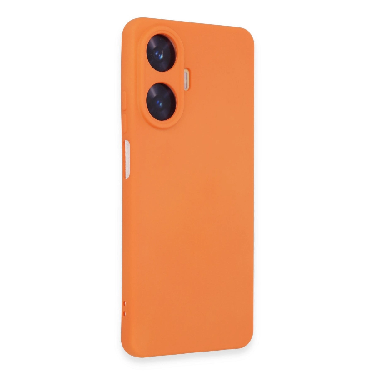 Arkada iki kamera lensi olan turuncu telefon kılıfı.