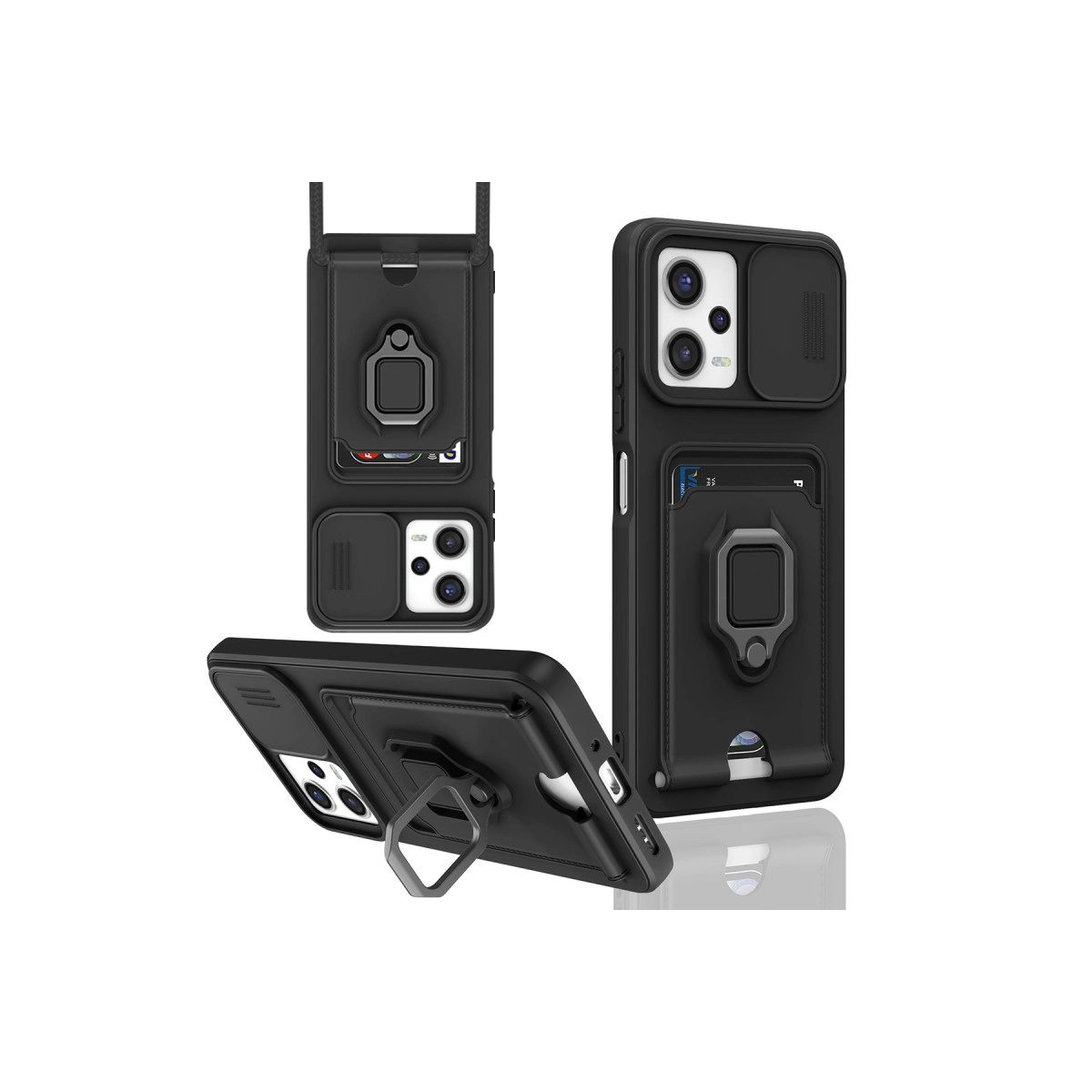 Kart tutucu, halka ve kamera kapaklı siyah telefon kılıfı.