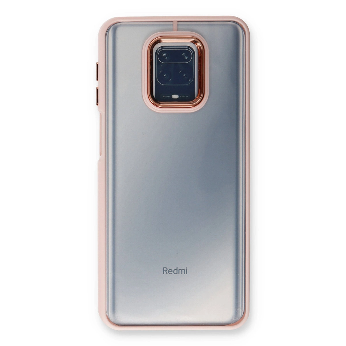 Dört kameralı, pembe kenarlıklı şeffaf telefonun arkası.