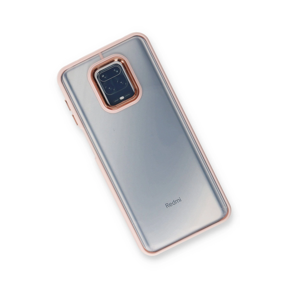 Pembe çerçeveli, dört kameralı şeffaf telefonun arkası.