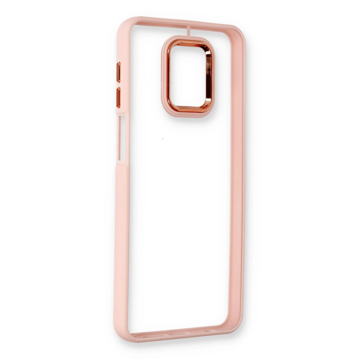 Dikdörtgen kamera boşluğuna ve rose altın kenarlığa sahip pembe telefon kılıfı.