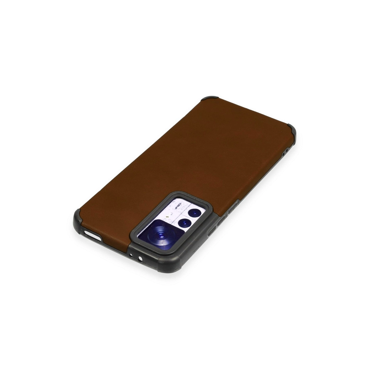 Siyah çerçeveli ve kamera lensli kahverengi telefon kılıfı.