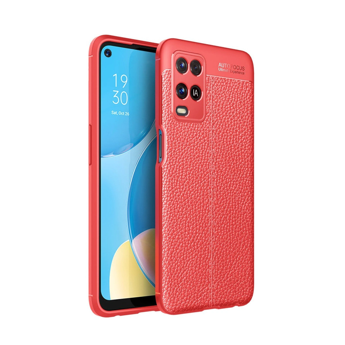 Dört arka kamerası olan, dokulu kılıflı kırmızı bir akıllı telefon.