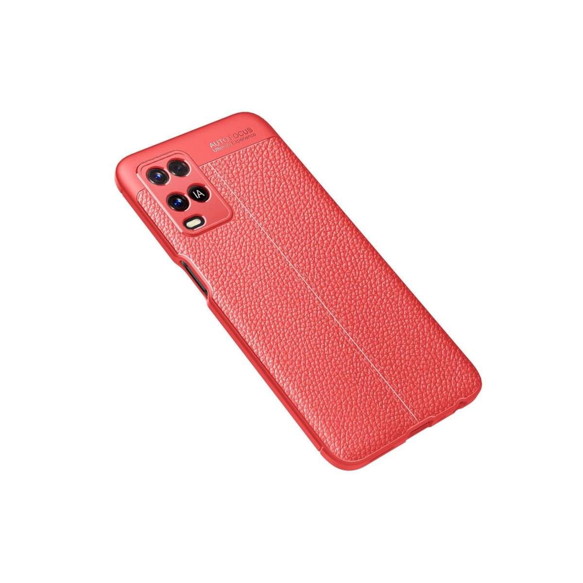 Kamera sistemli ve dokulu yüzeyli kırmızı telefon kılıfı beyaz zeminde.