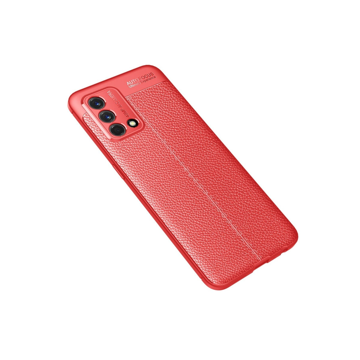 Kamera kesimli, dokulu kırmızı telefon kılıfı.