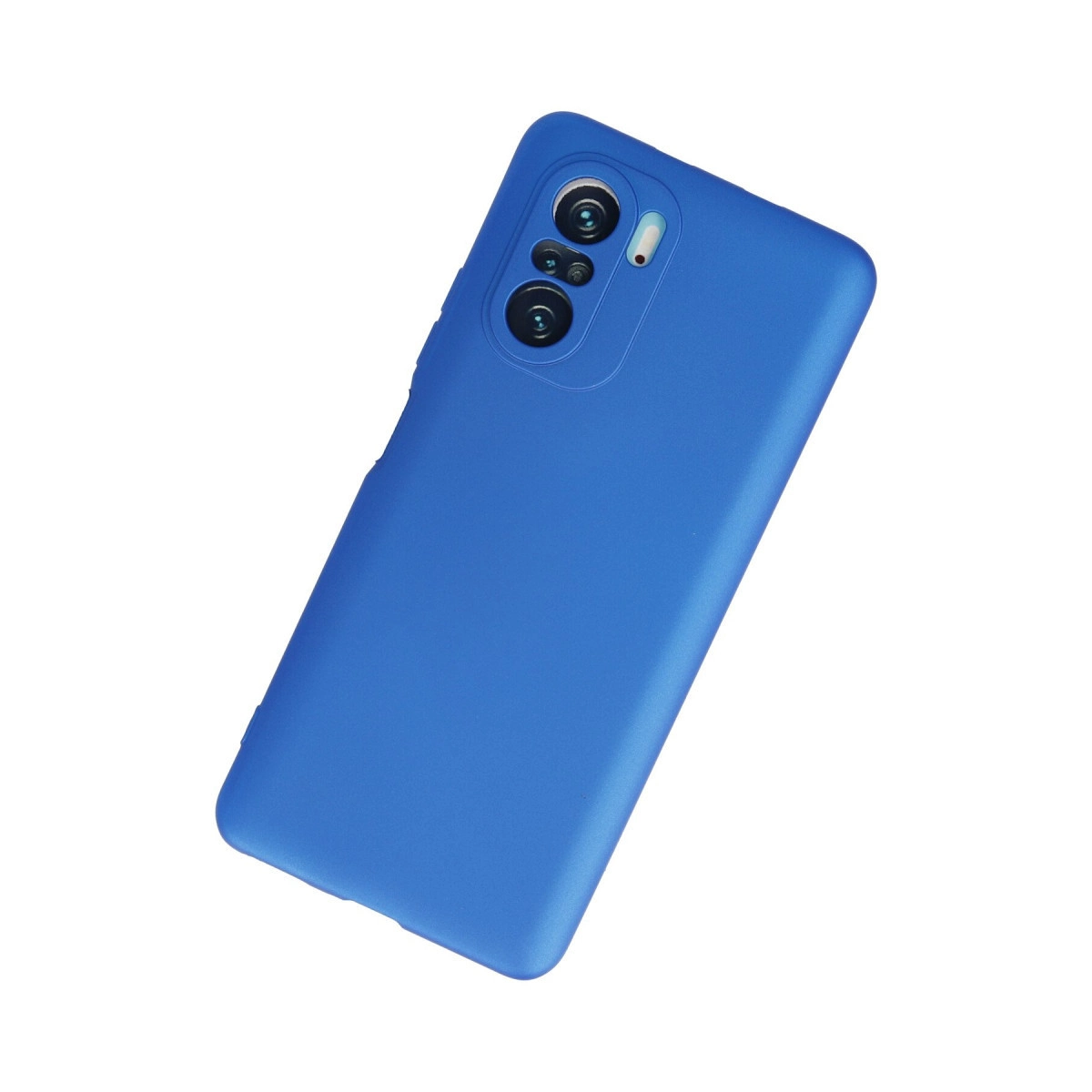 Arkada üçlü kamera kurulumuna sahip mavi telefon kılıfı.