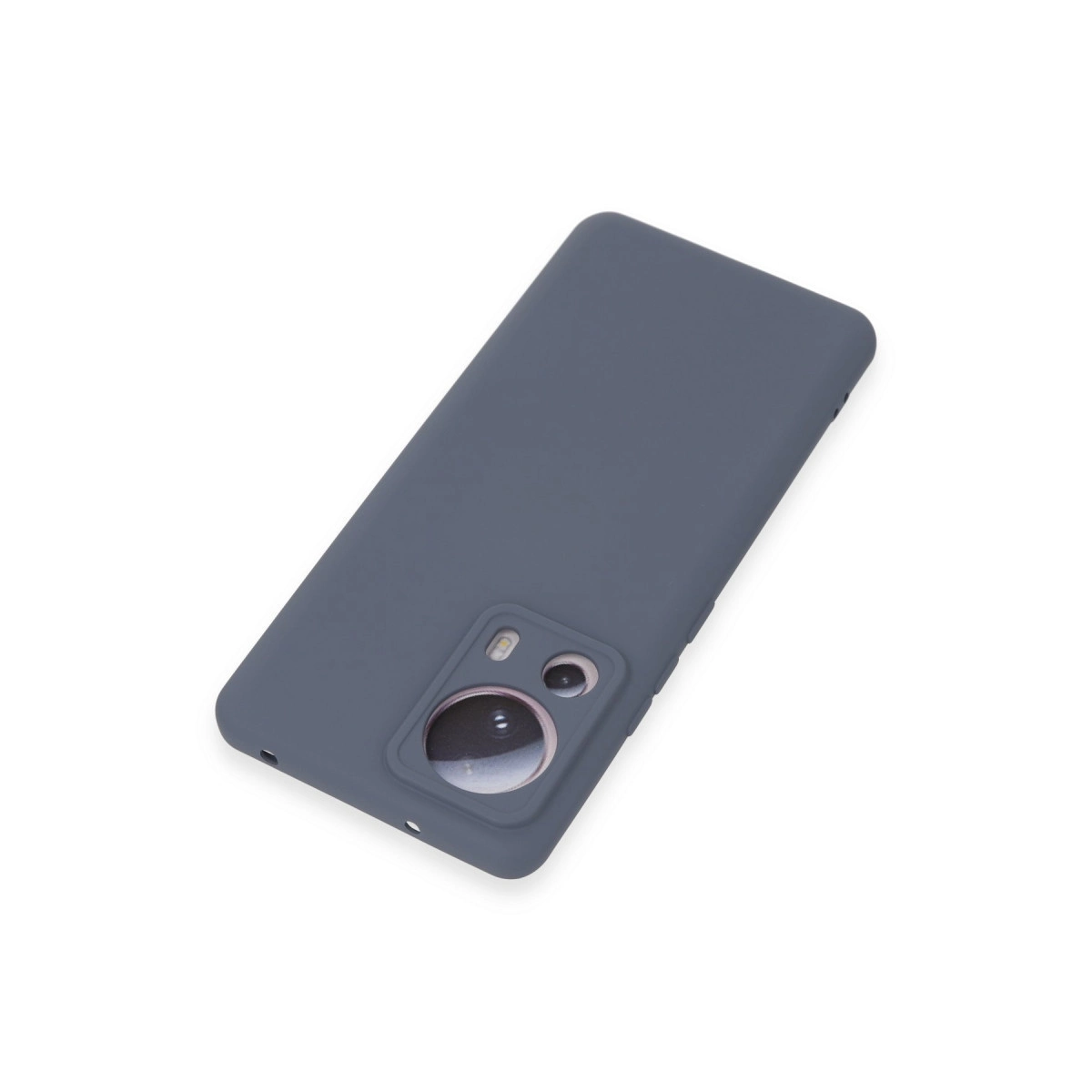 Kamera kesimli gri telefon kılıfı, beyaz arka plan üzerinde.