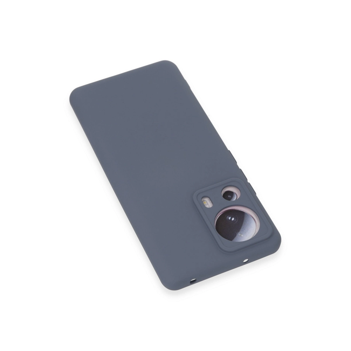 Beyaz arka plan üzerinde kamera oyuntulu koyu gri telefon kılıfı.