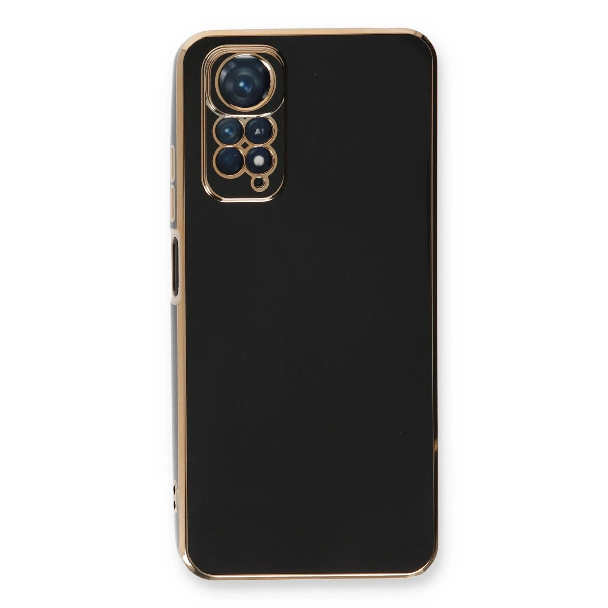 Altın çerçeveli ve kamera kesimli siyah telefon kılıfı.
