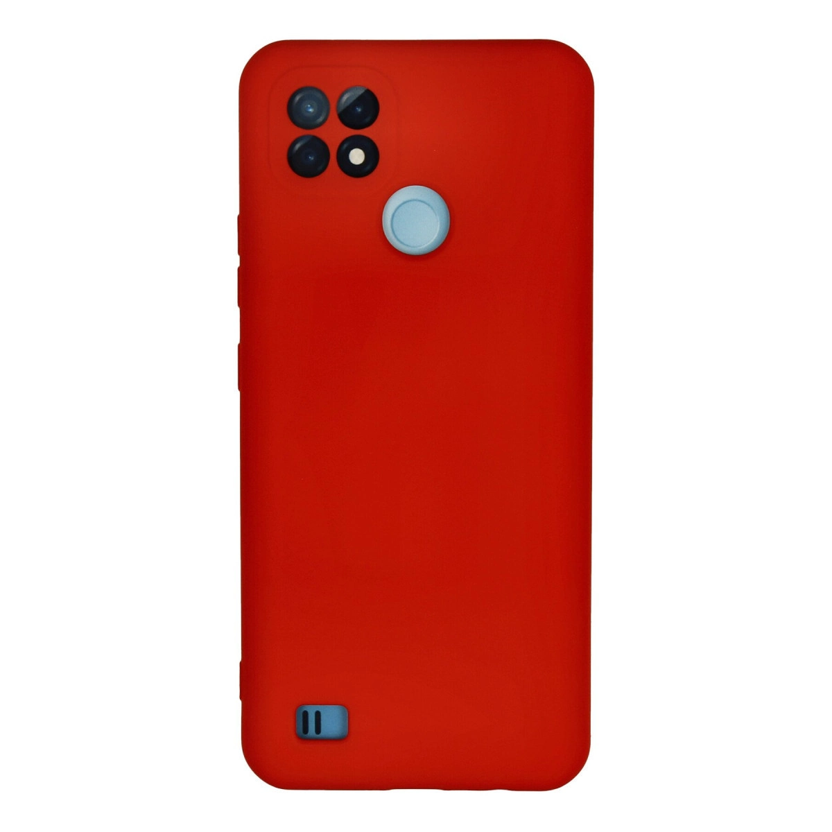 Dört kameralı ve açık mavi düğmeli kırmızı telefon kılıfı.