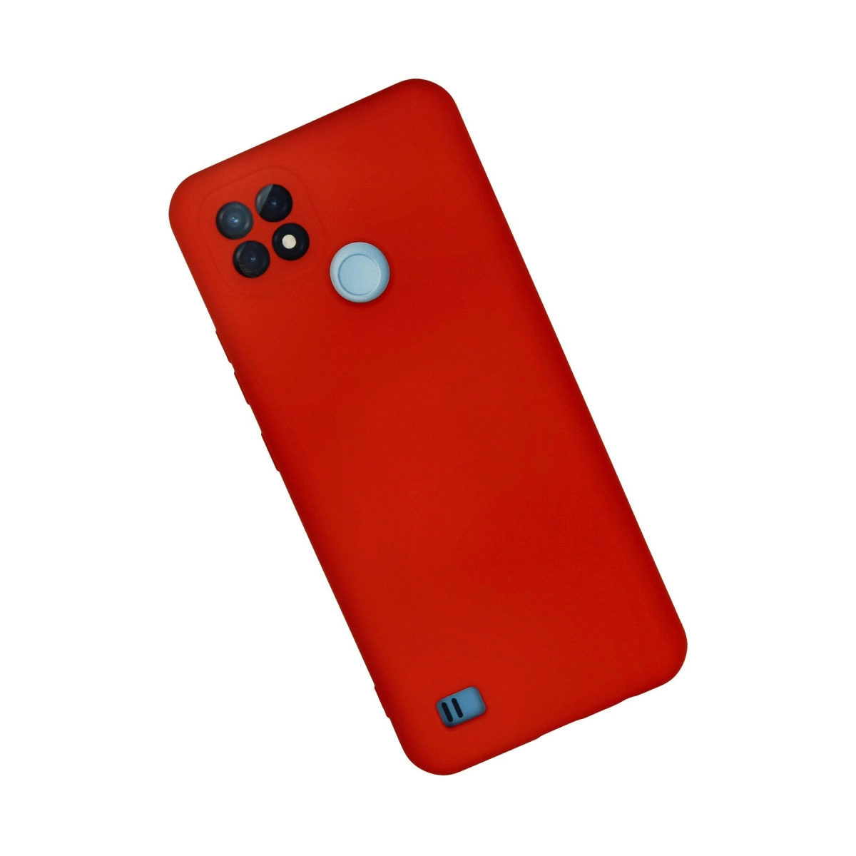 Kamera dizilimli ve mavi parmak izi sensörlü kırmızı telefon kılıfı.