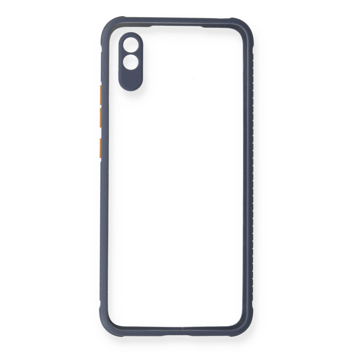 Koyu mavi telefon kılıfı, çift lensli kamera kesiğiyle.