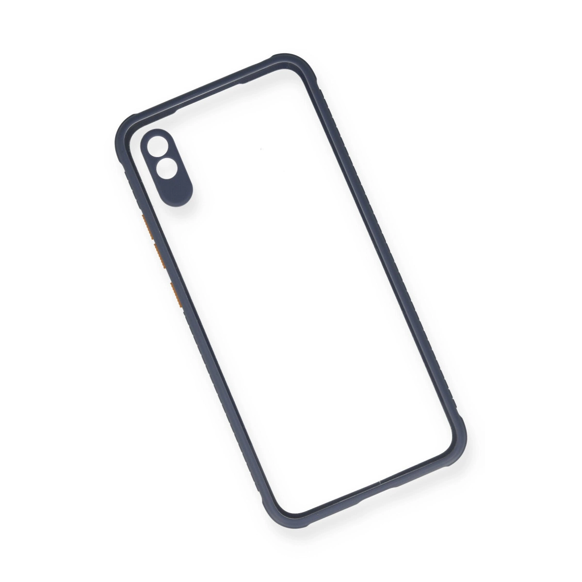 Koyu mavi kenarlı ve iki kamera deliği olan şeffaf telefon kılıfı.