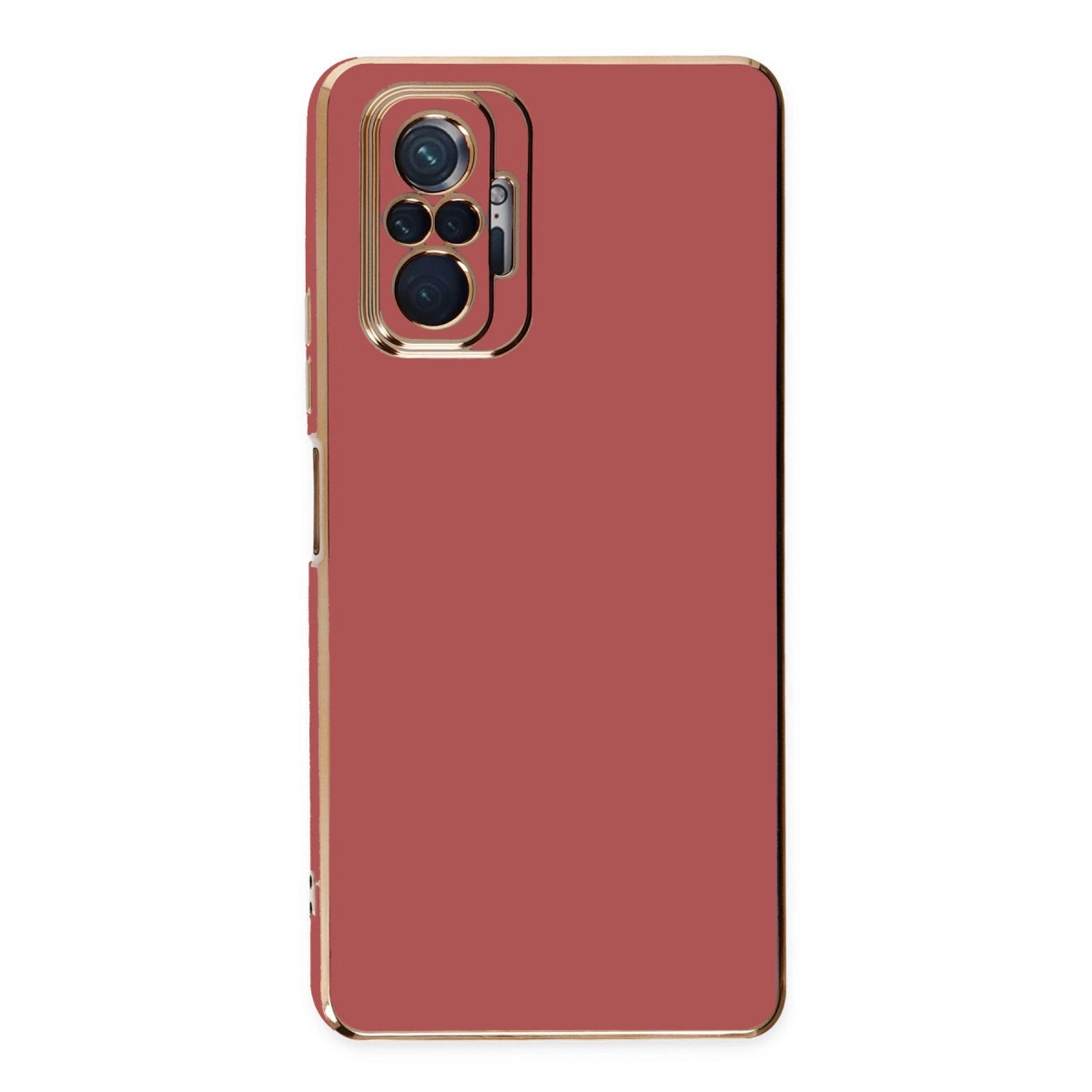 Altın çerçeveli kırmızı telefon kılıfı ve lens detayı.