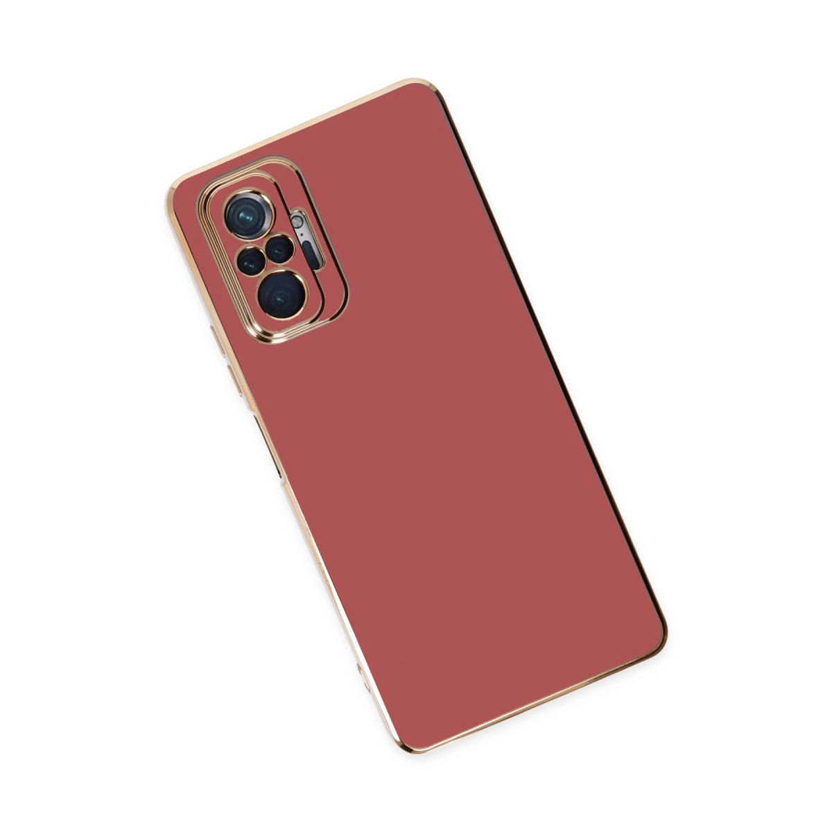 Altın çerçeveli ve kamera modüllü kırmızı telefon kılıfı, beyaz zeminde.