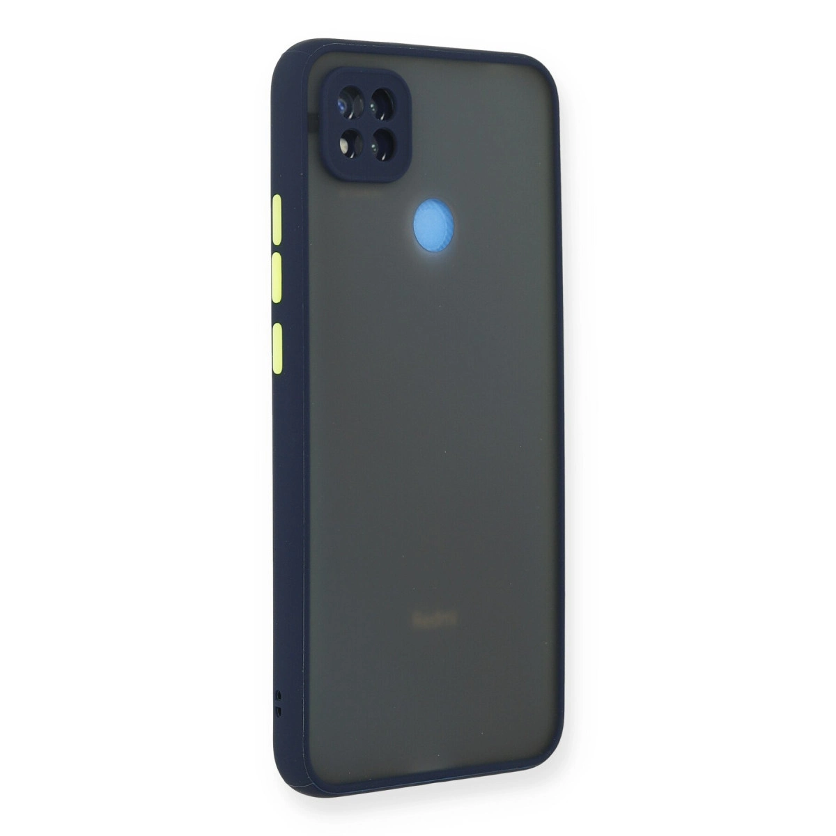 Mavi çerçeveli, kamera oyuntulu koyu gri telefon kılıfı. Yanda sarı düğmeler.