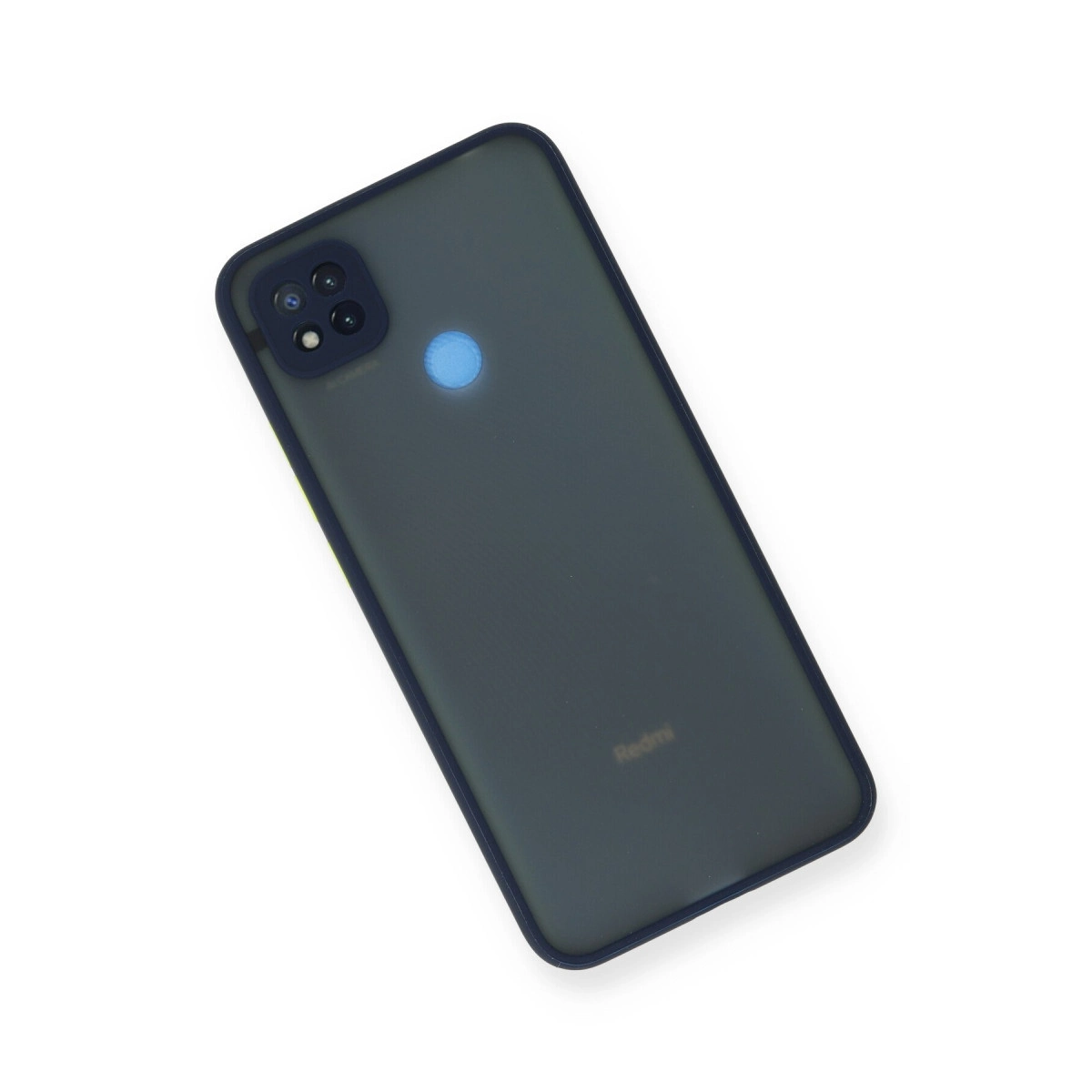 Koyu gri telefon, koyu çerçeveli, arka kamera kurulumlu ve mavi flaşlı.