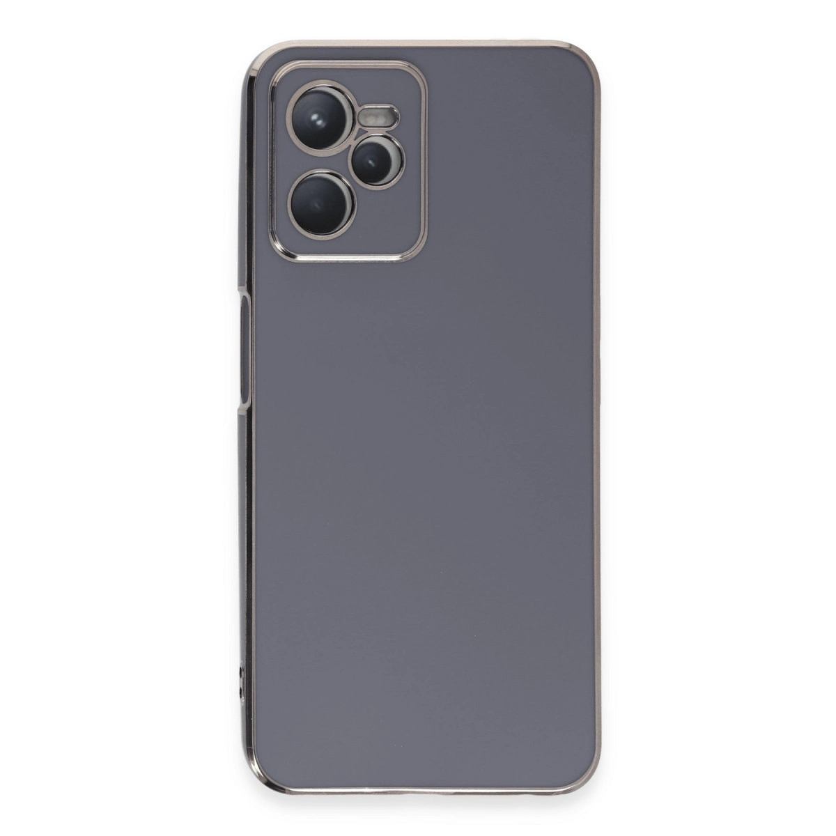 Gümüş çerçeveli ve kamera kesimli gri telefon kılıfı.