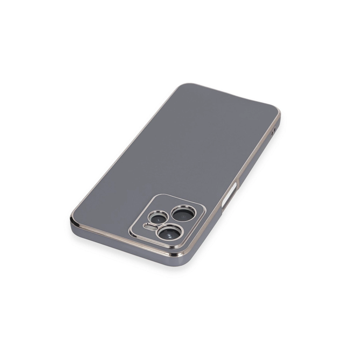 Gümüş çerçeveli ve kamera modüllü gri telefon kılıfı.