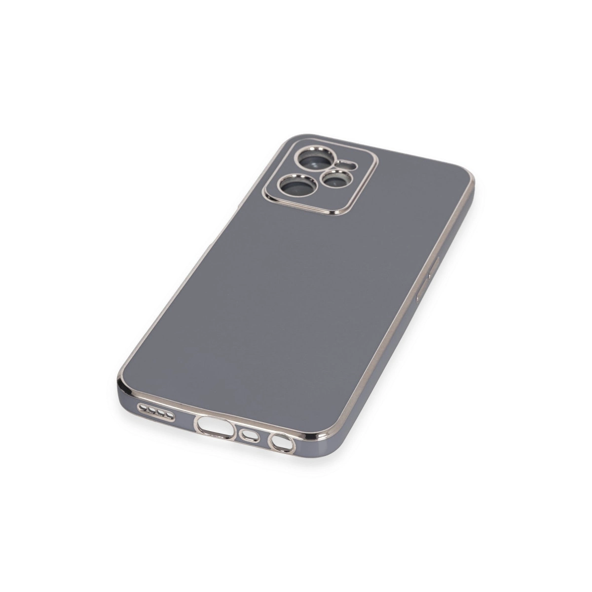 Gümüş kenarlı ve kamera kesimli gri telefon kılıfı.