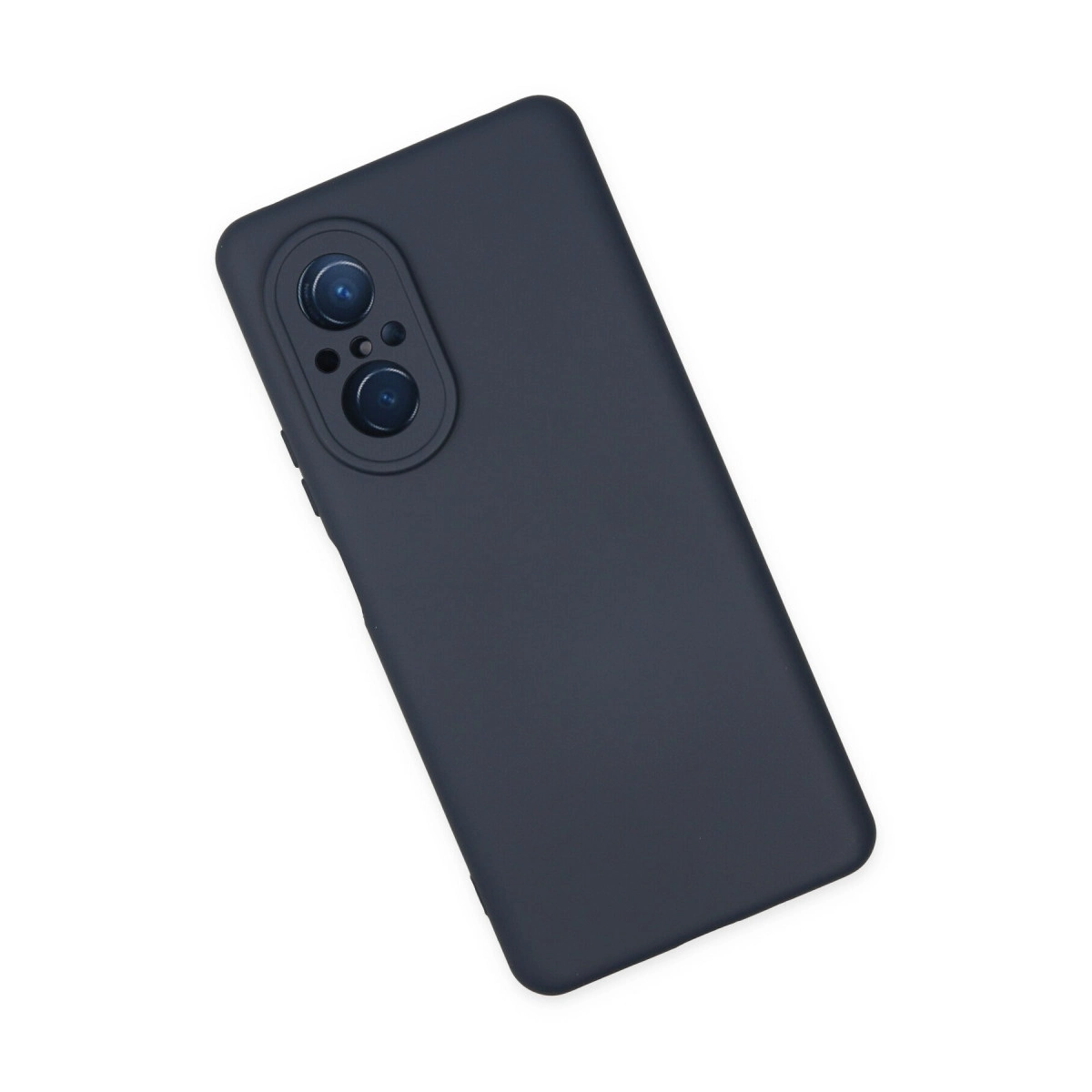 Kamera modüllü koyu gri telefon kılıfı, beyaz arka plan üzerinde.