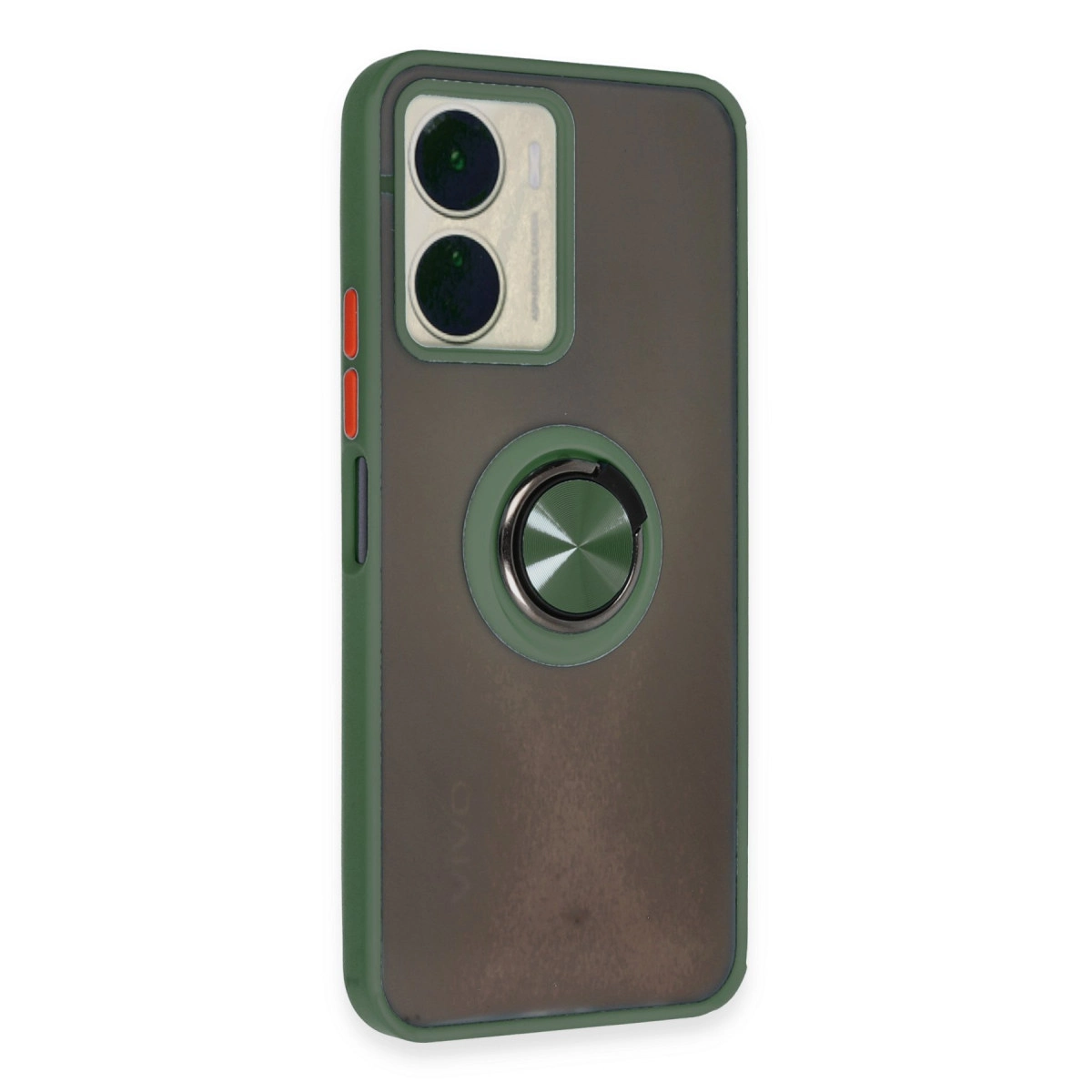 İki kameralı, halka tutuculu koyu yeşil telefon kılıfı.