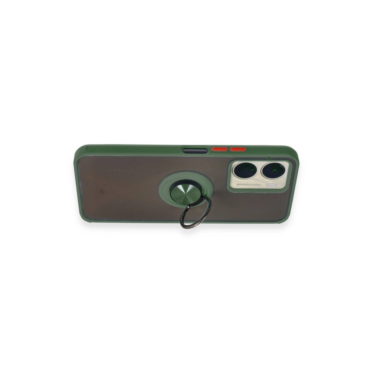 Halka tutuculu ve iki kamera lensli koyu yeşil telefon kılıfı.