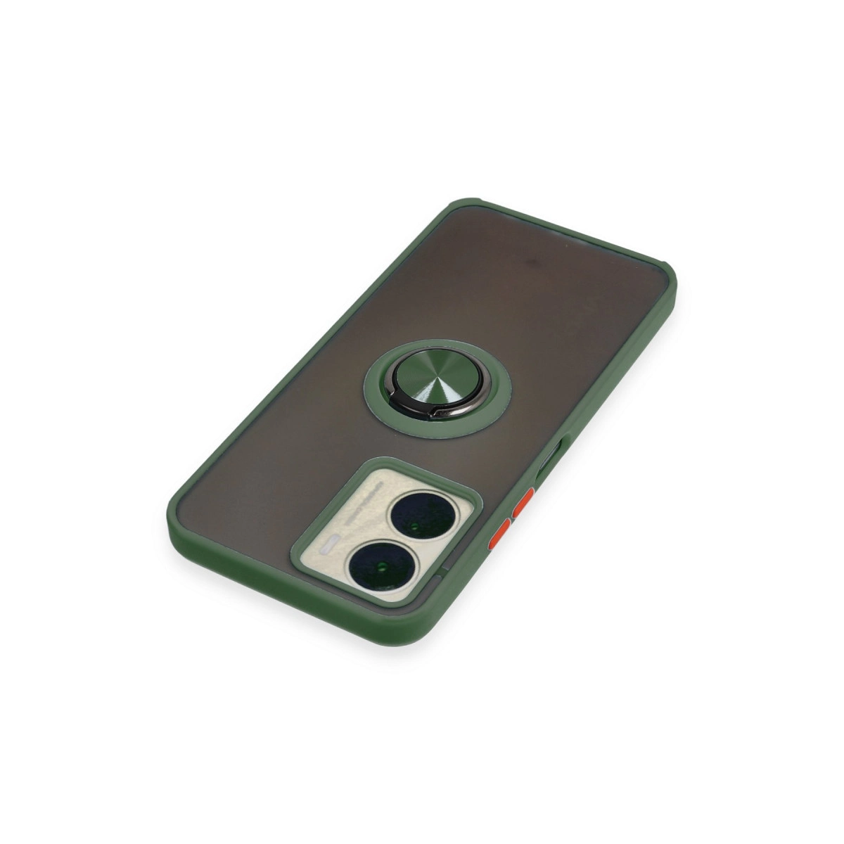 Beyaz arka plan üzerinde halka tutuculu ve kamera oyuklu koyu yeşil telefon kılıfı.