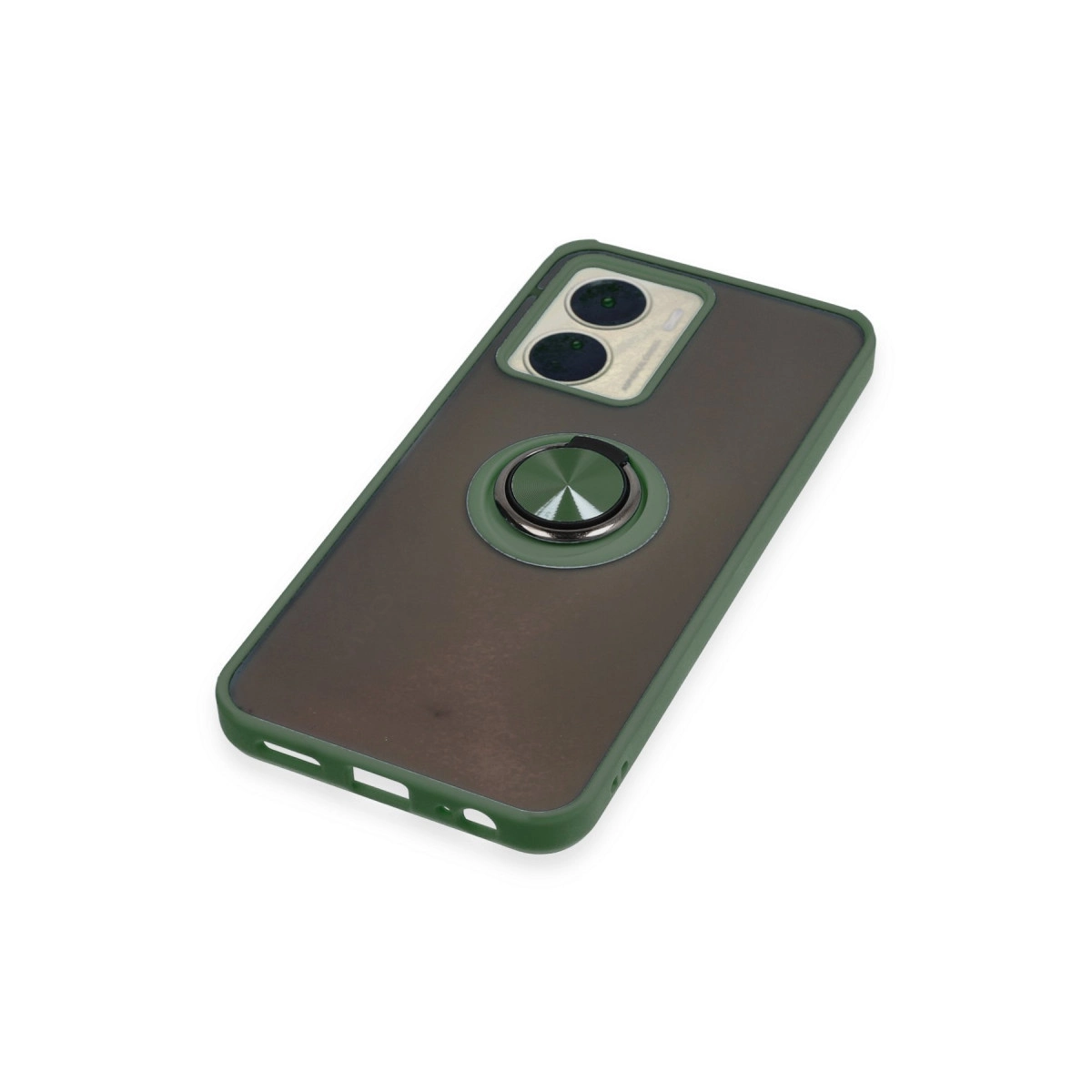 Yeşil çerçeveli ve halka tutuculu koyu gri telefon kılıfı.