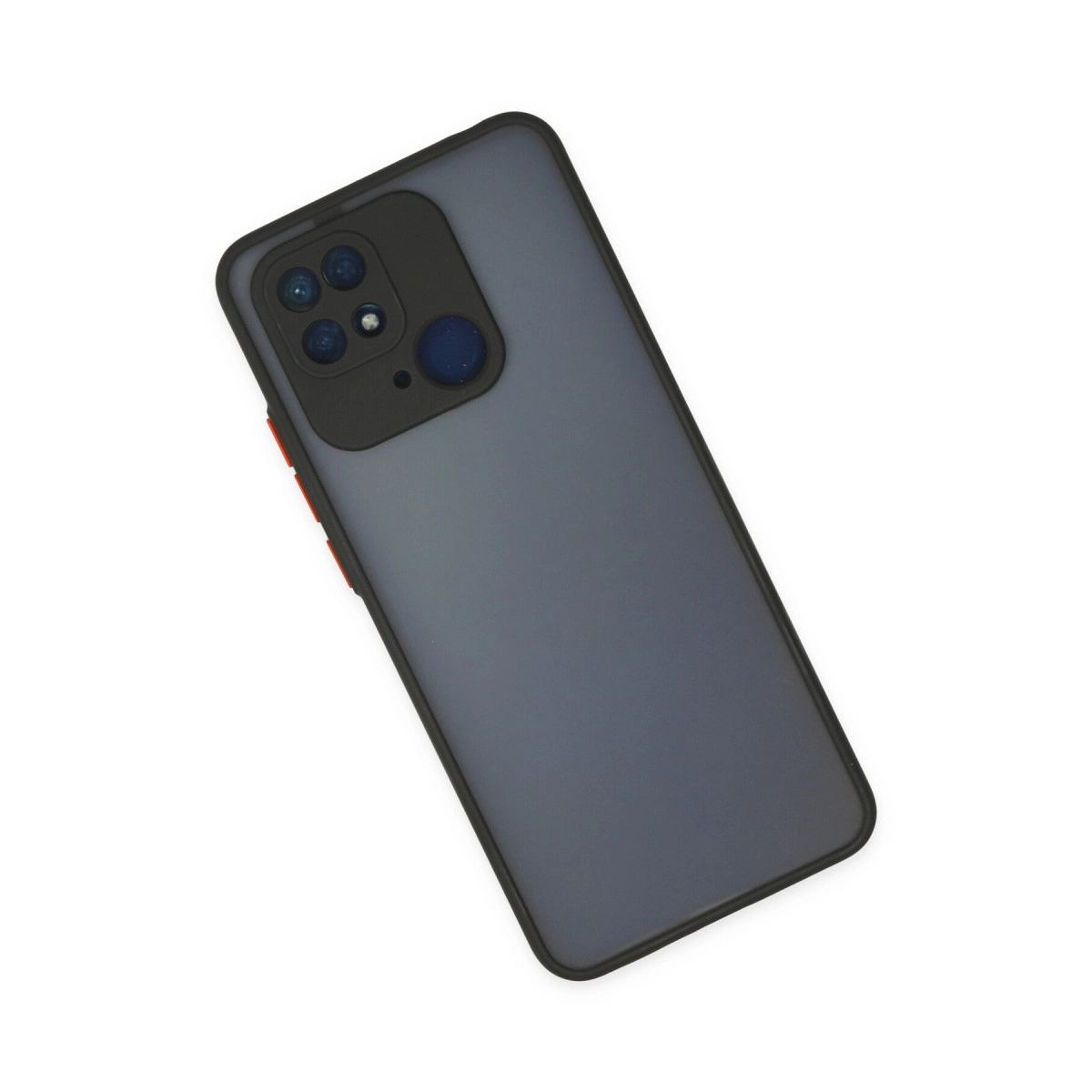 Siyah kamera çıkıntısı ve kırmızı düğmeli gri telefon kılıfı.