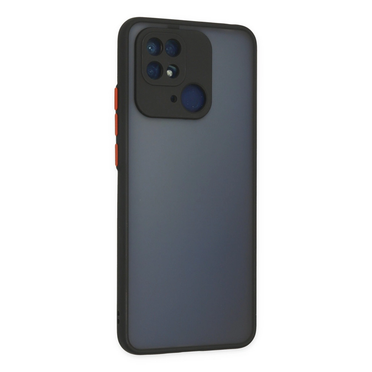 Siyah kamera modüllü ve kırmızı düğmeli gri telefon kılıfı.