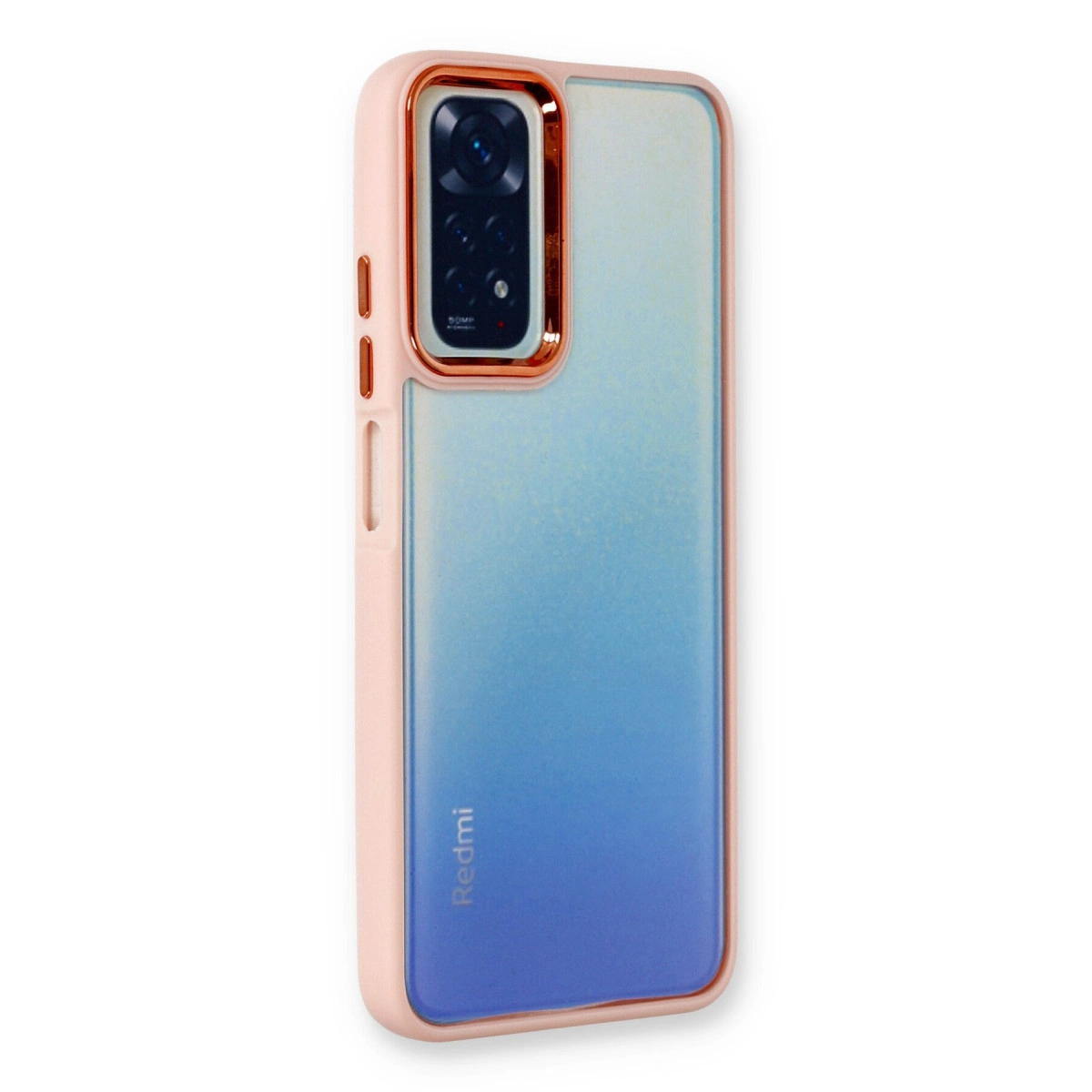 Mavi degrade ve kamera modülüne sahip pembe telefon kılıfı.