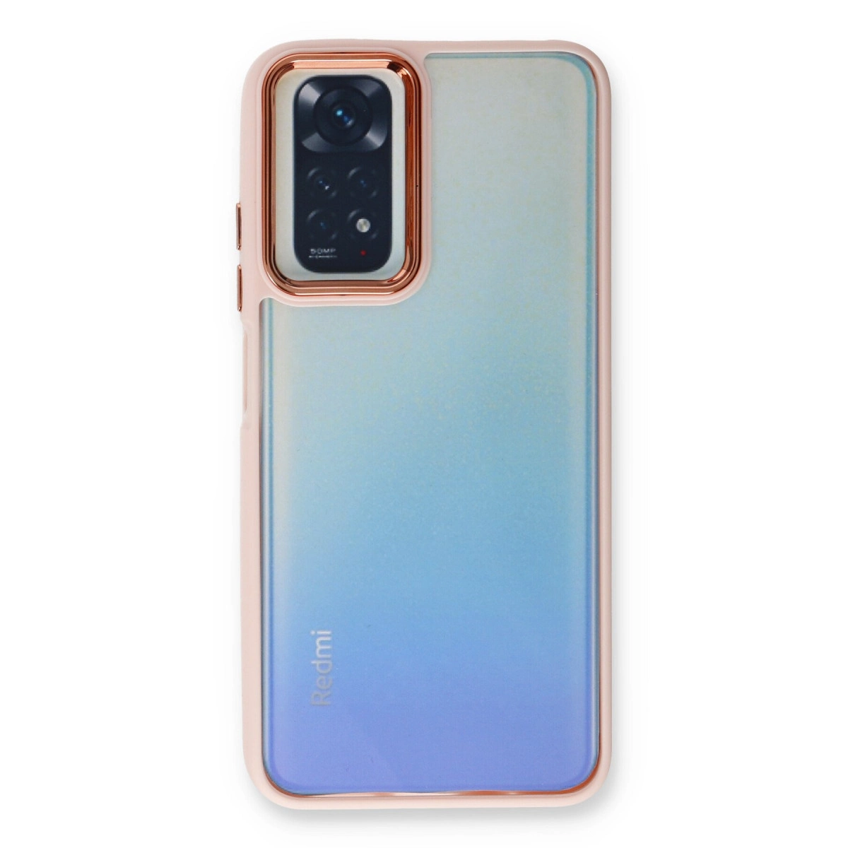 Pembe telefon kılıfı, kamera modülü ve mavi-mor gradyanı ile.
