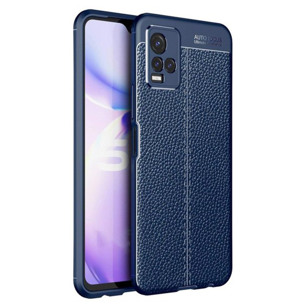 Deri dokulu, kamera kesimli lacivert telefon kılıfı.