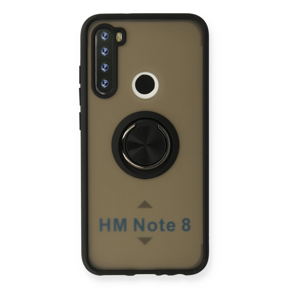 Siyah halka tutuculu ve kamera modüllü kahverengi telefon kılıfı.