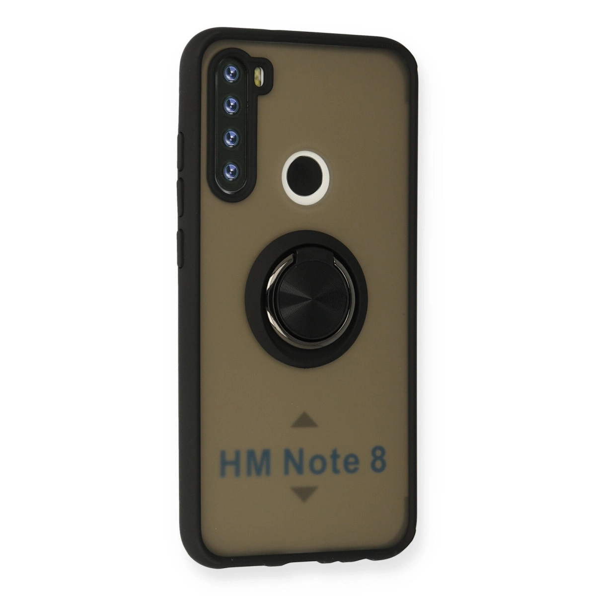 Halka tutuculu, dört kameralı, 'HM Note 8' yazılı kahverengi telefon kılıfı.