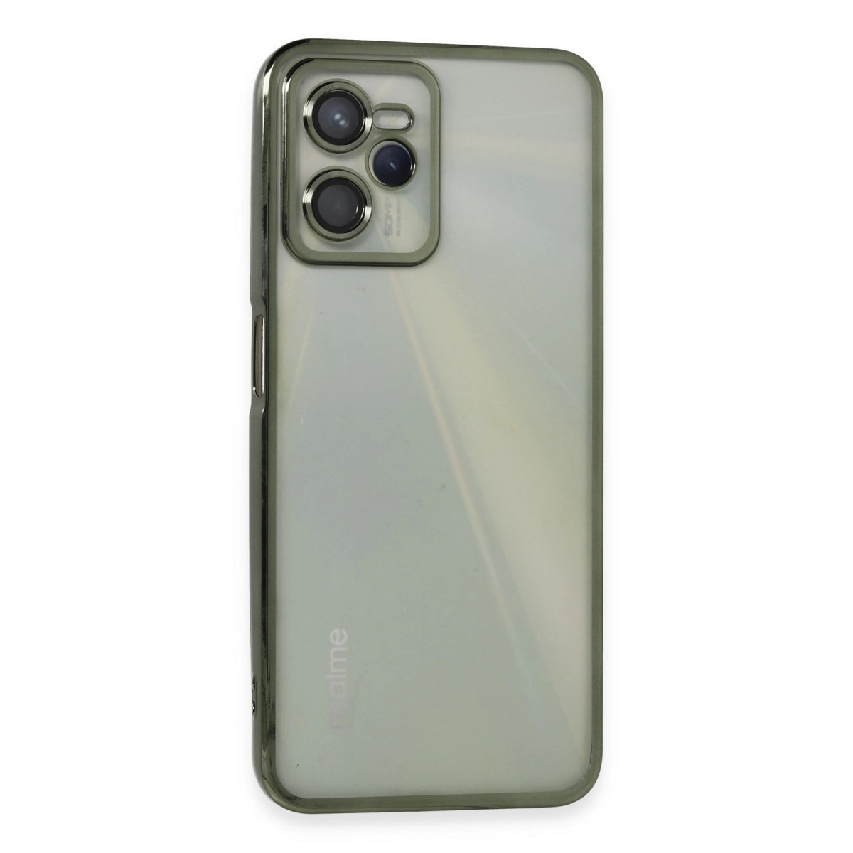 Üçlü kamerası ve Realme logosu olan açık yeşil akıllı telefonun arkası.