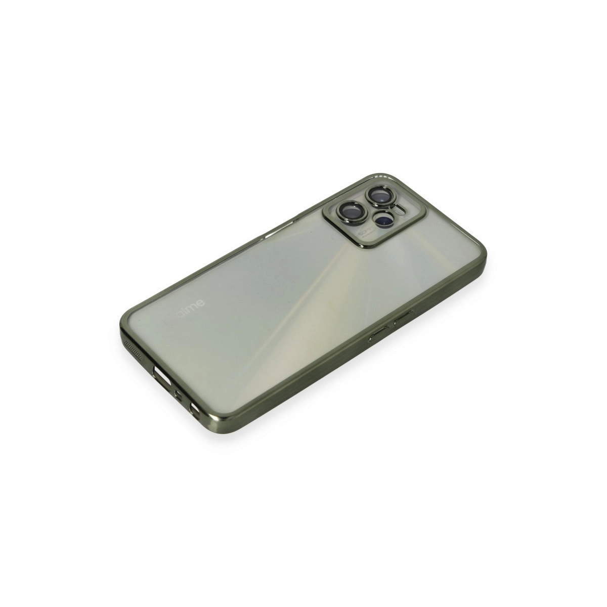 Beyaz arka plan üzerinde koyu çerçeveli şeffaf telefon kılıfı.