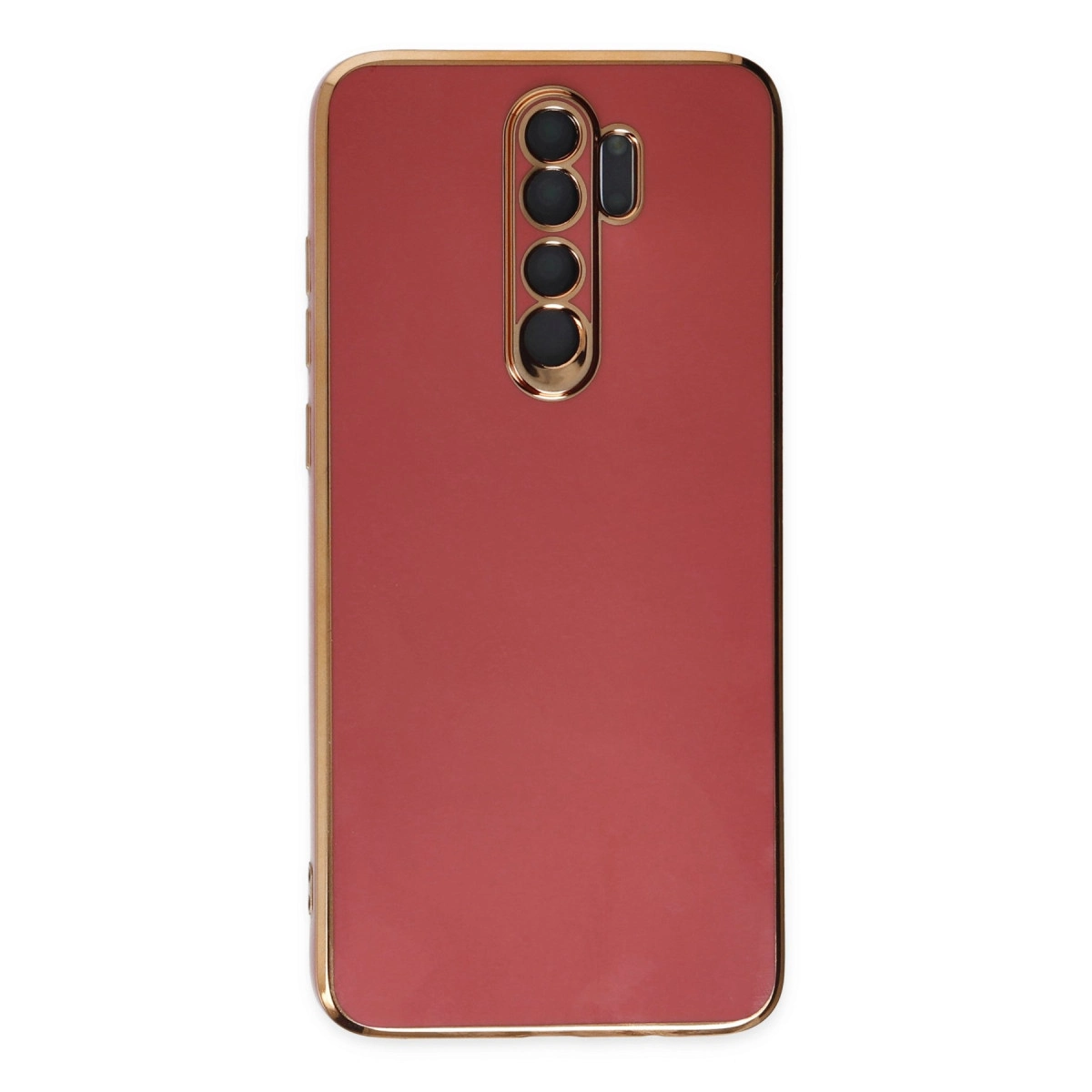 Dört lensli kamera kesimli, altın kenarlı kırmızı telefon kılıfı.