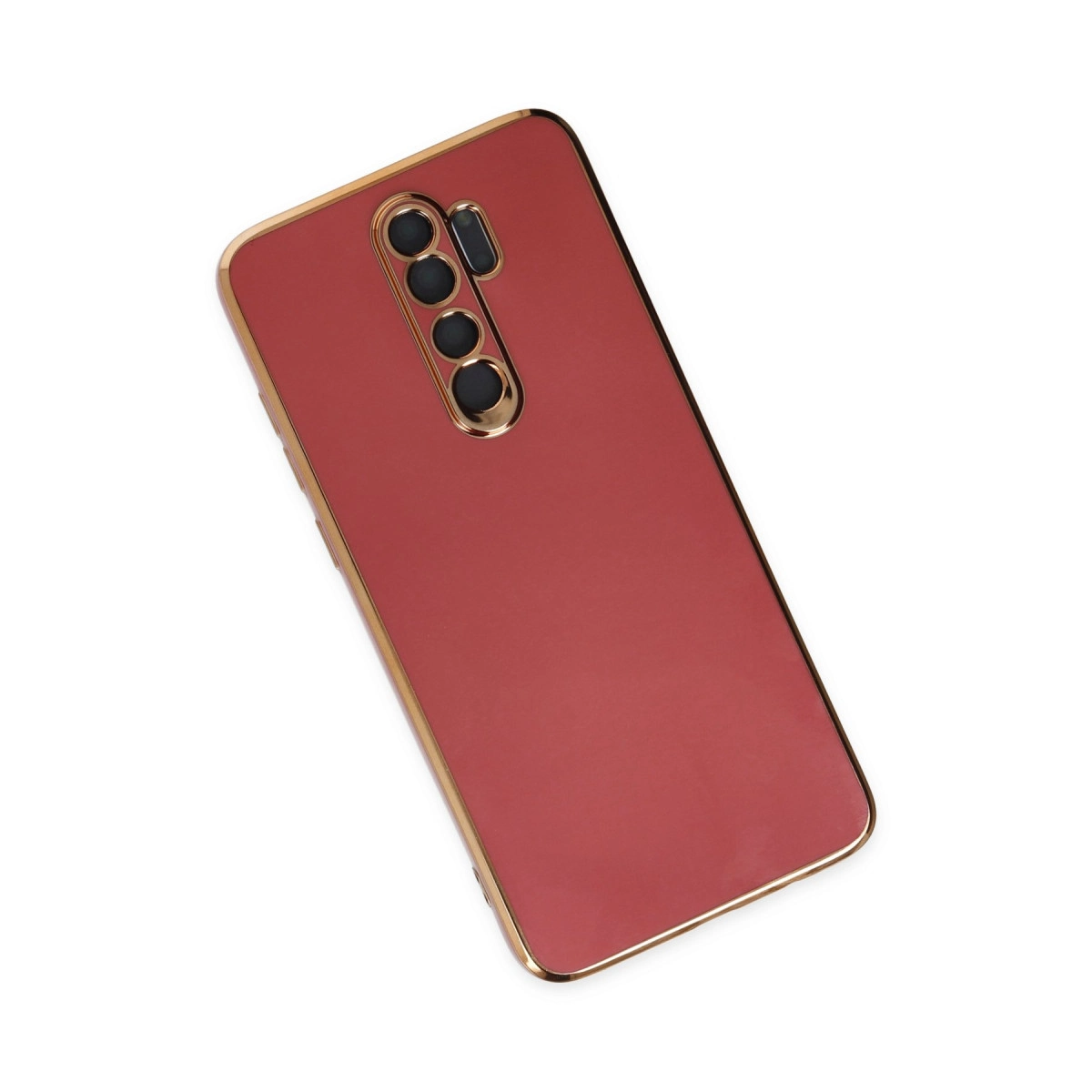 Altın kenarlı, dört kameralı kırmızı telefon kılıfı.