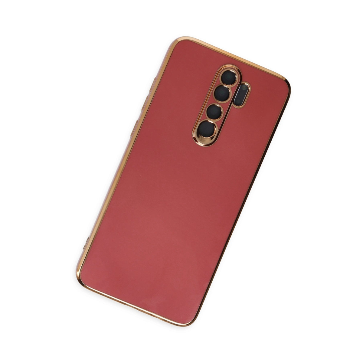 Altın kenarlı ve kamera kesimli kırmızı telefon kılıfı.