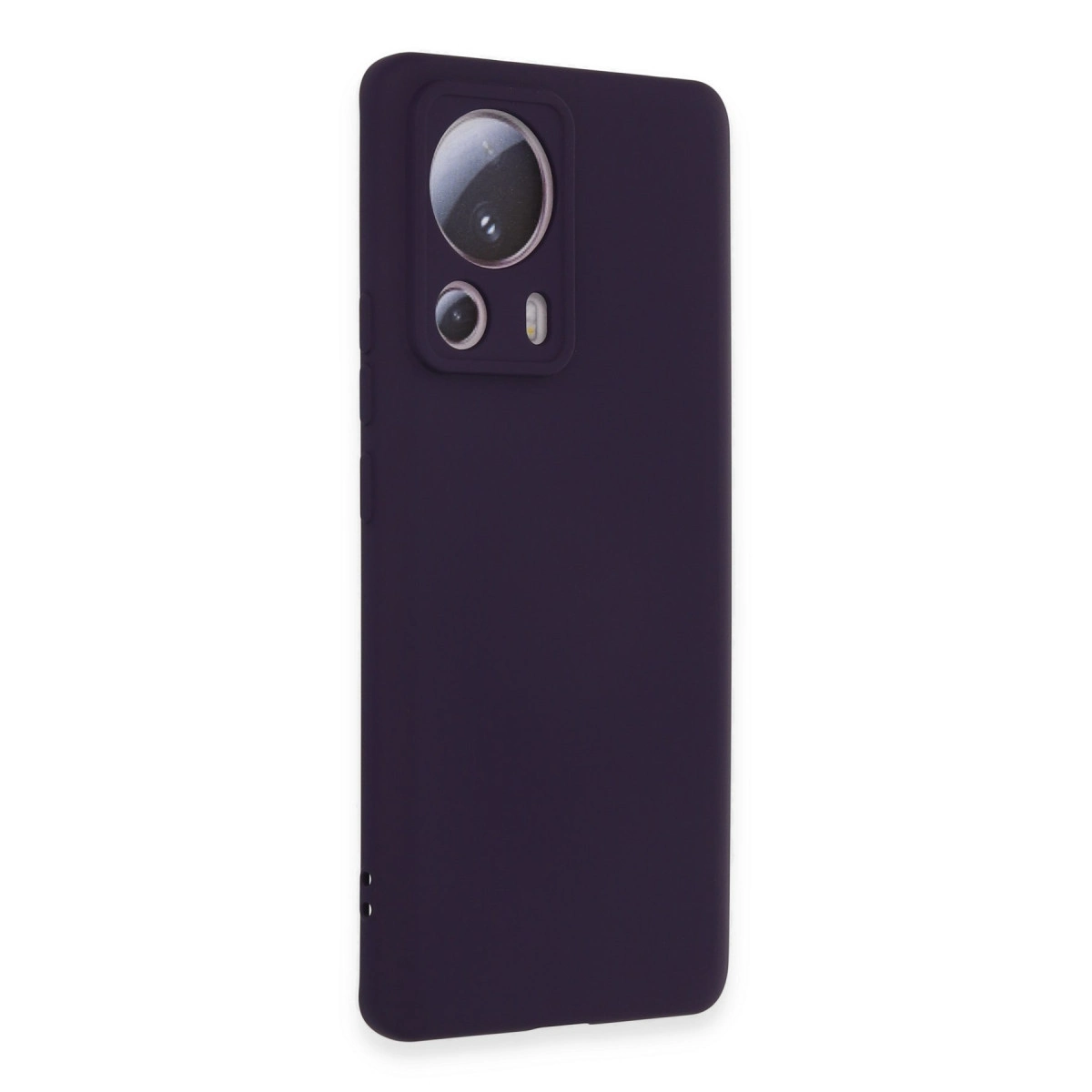 Koyu mor telefon kılıfı, beyaz arka plan üzerinde kamera kesiği ve düğmeleriyle.