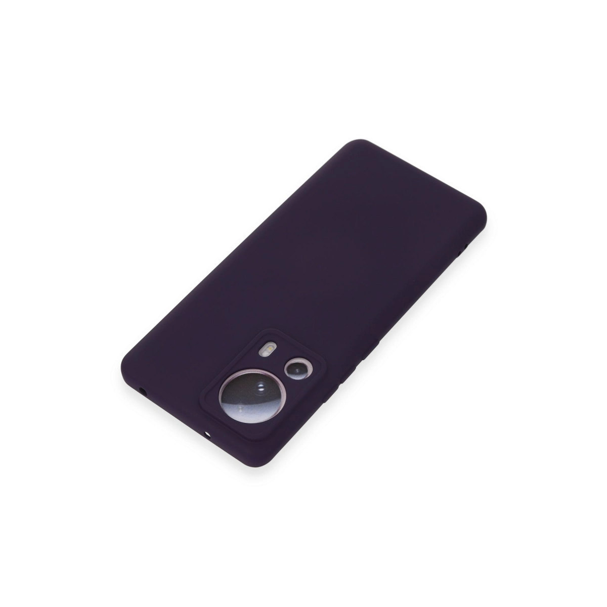 Beyaz arka plan üzerinde kamera kesimli koyu mor telefon kılıfı.